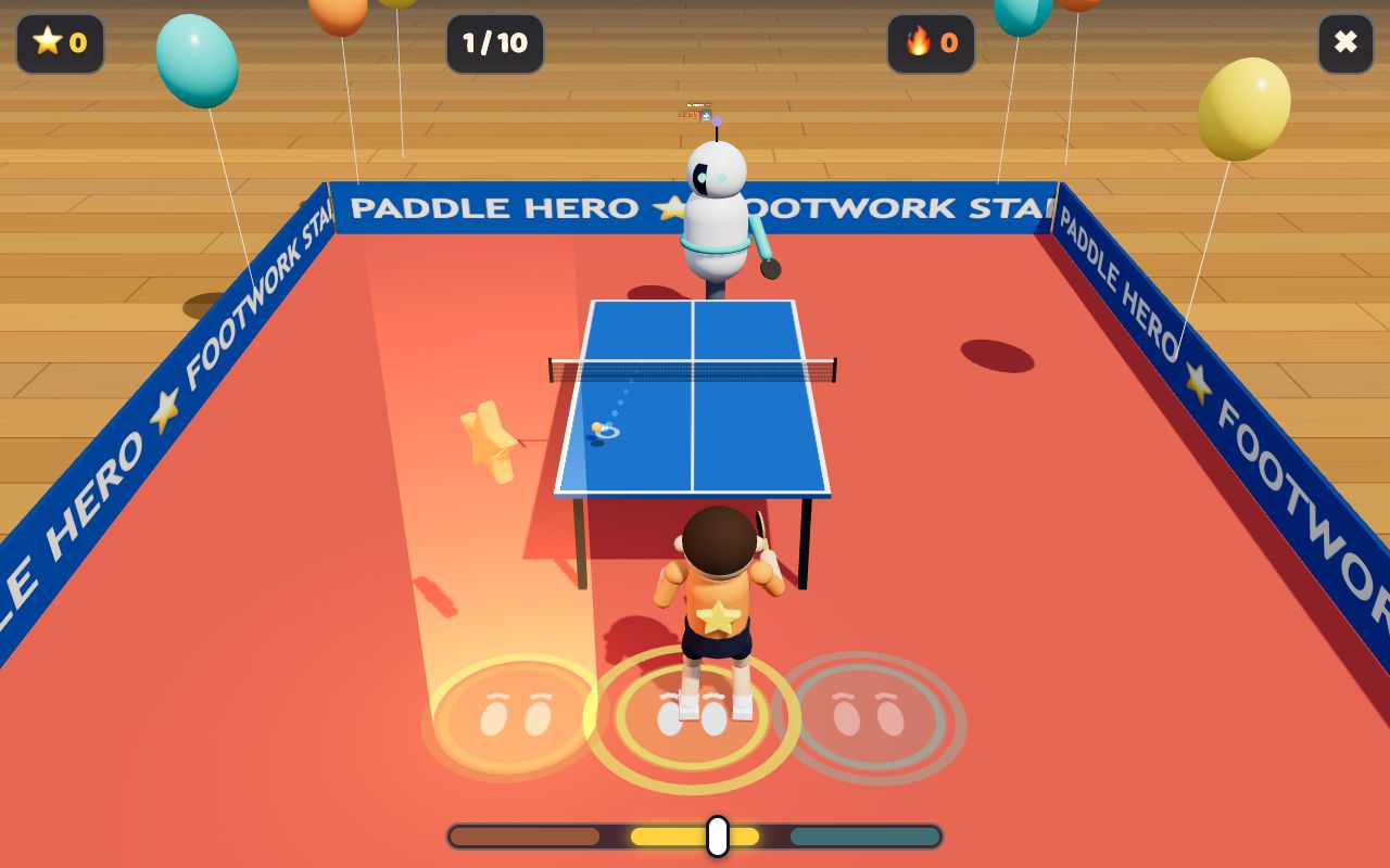 Footwork Star 3D: a child's avatar in a 3D table-tennis arena, hopping to a glowing star